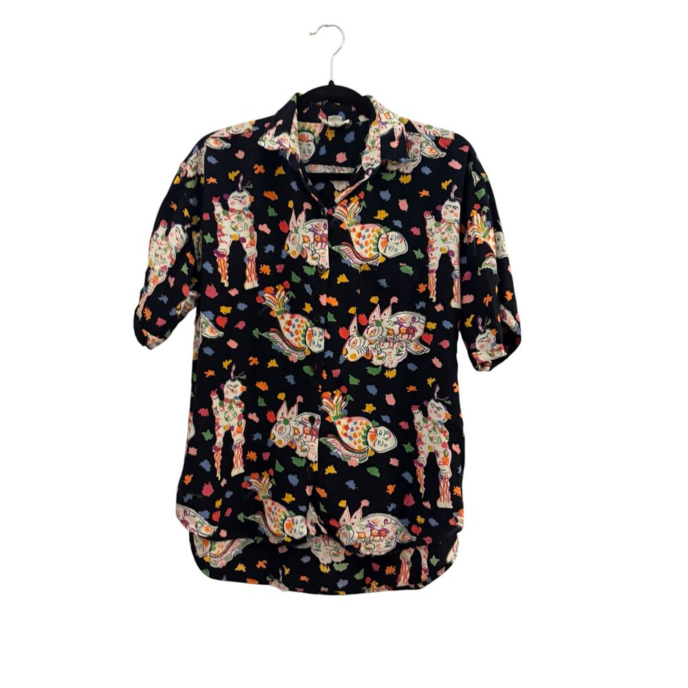 Vintage Rik-Shaw Button Up Shirt Novelty Print Fish Rabbit M Retro Boho Artsy